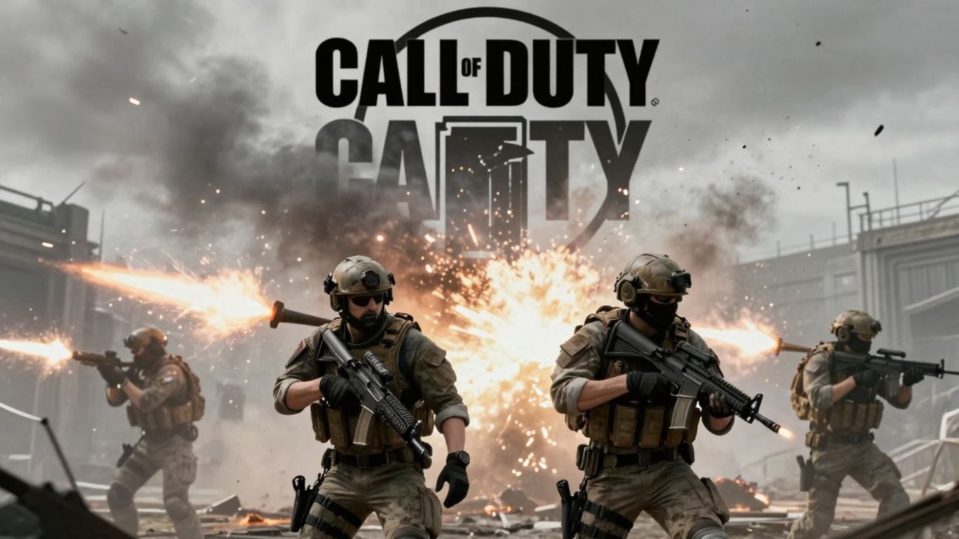 Żołnierze na polu bitwy, eksplozje, logo Call of Duty.