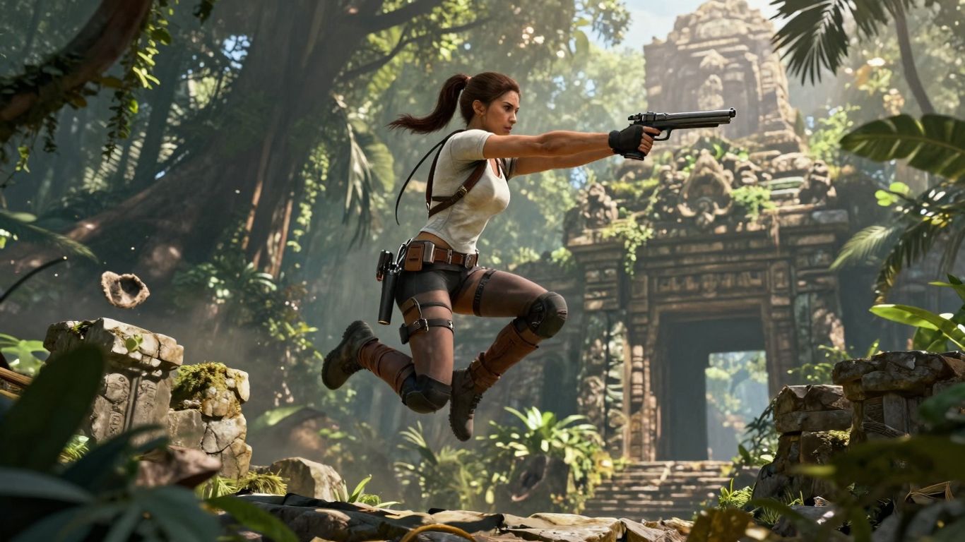 Lara Croft w akcji, strzelając z pistoletów.