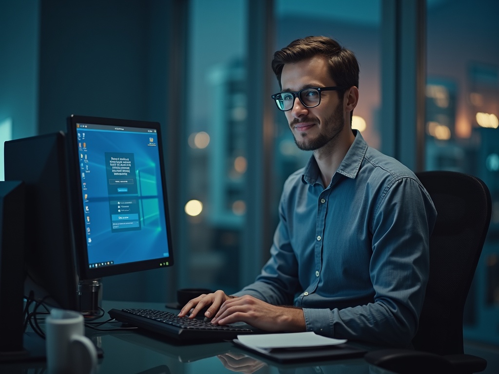 Mężczyzna w okularach pracujący przy komputerze w biurze nocą, z widokiem na oświetlone miasto w tle.