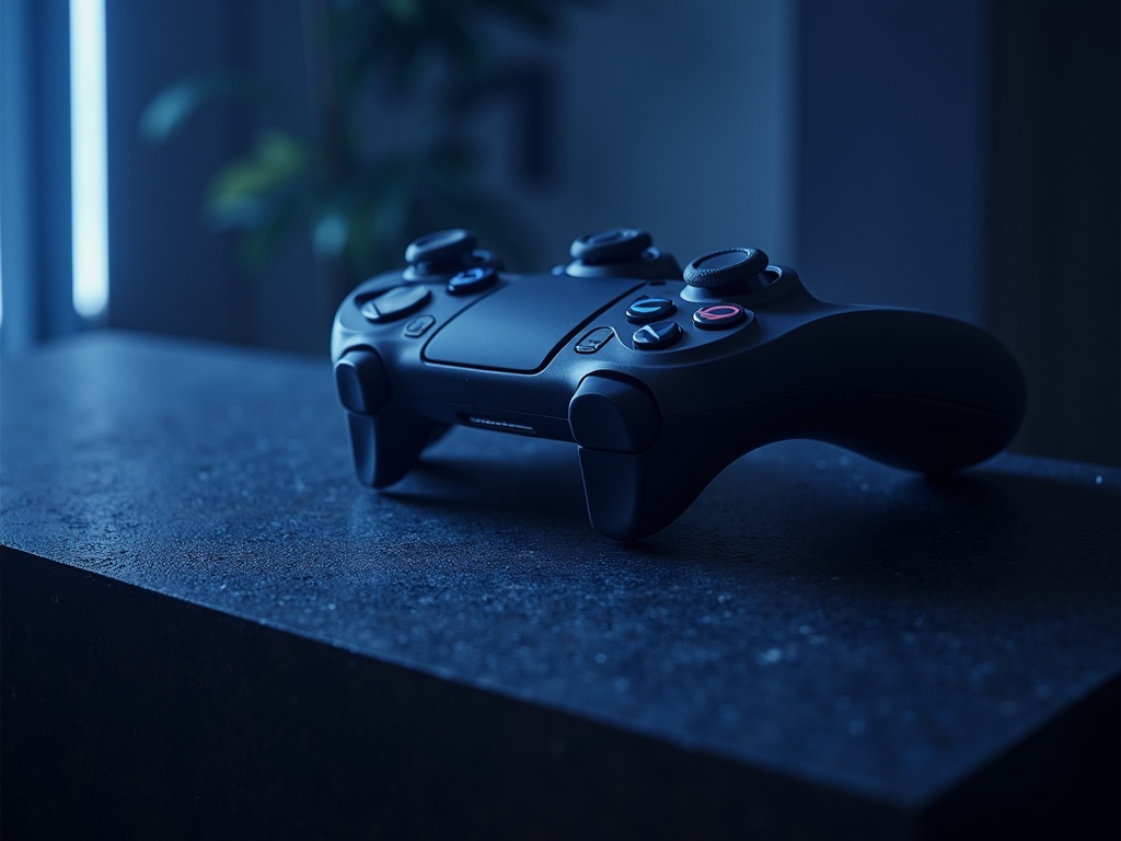 Ciemny kontroler do gier wideo leżący na ciemnej powierzchni, oświetlony niebieskim światłem.