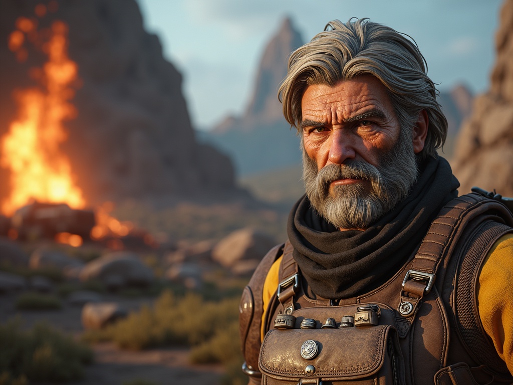 Portret starszego mężczyzny z siwymi włosami i brodą, ubranego w brązową kamizelkę taktyczną i czarny szalik, na tle płonącego wraku samochodu w surowym, pustynnym krajobrazie.