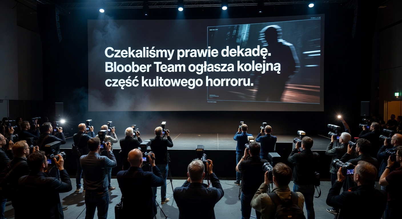 Grupa fotoreporterów z aparatami robiących zdjęcia na tle ekranu z napisem 