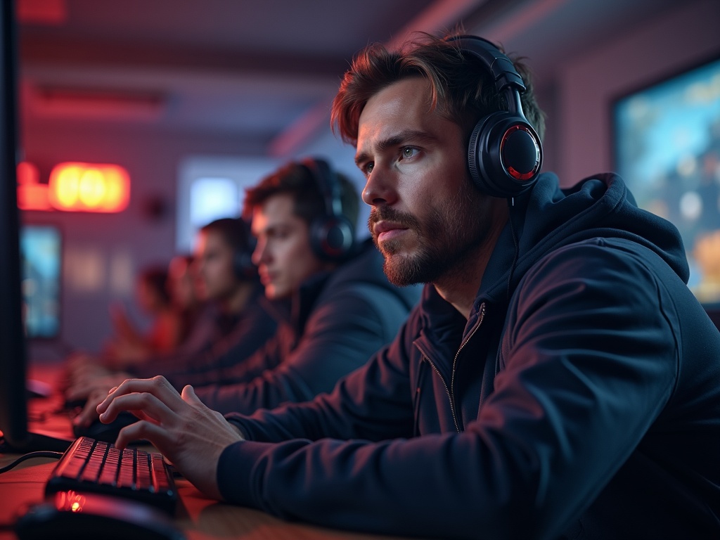 Młody mężczyzna w słuchawkach grający na komputerze w ciemnym pomieszczeniu z neonowym oświetleniem.