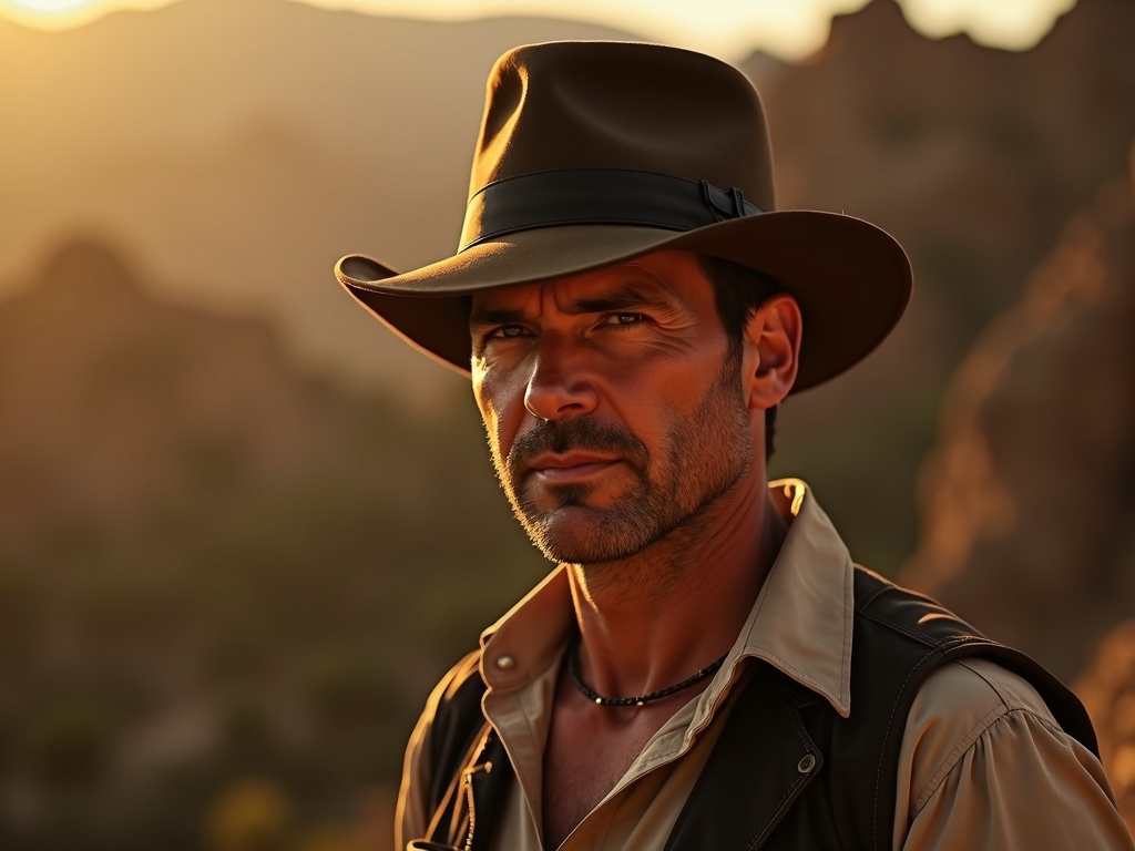 Indiana Jones i Wielki Krąg już na dyskach. Harrison Ford (wirtualnie) powraca w wielkim stylu 9 Mężczyzna w brązowym kapeluszu i kamizelce, zamyślony, na tle zachodzącego słońca w górach.