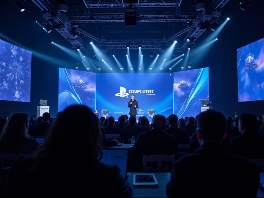 Luty w świecie PlayStation zapowiada się gorąco: darmowe gry, State of Play i wielka premiera 7 Prezenter przemawia na scenie podczas wydarzenia technologicznego z logo COVPLUTEO i PlayStation widocznym na dużym ekranie w tle, przed publicznością siedzącą w ciemnej sali.