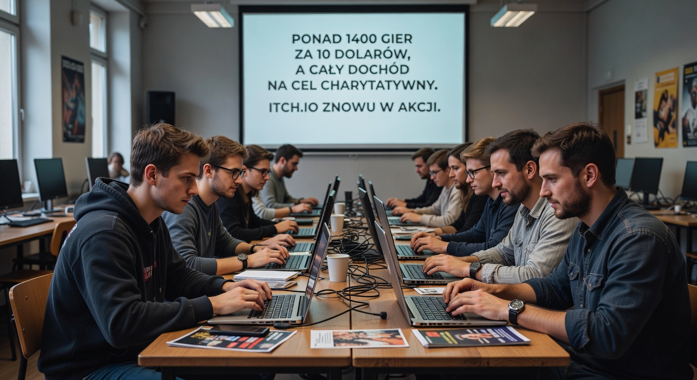 Ponad 1400 gier za 10 dolarów, a cały dochód na cel charytatywny. Itch.io znowu w akcji 2 Grupa młodych ludzi siedzących przy stołach w sali komputerowej, każdy z nich pracuje na laptopie. Na ekranie projekcyjnym widoczny jest napis po polsku: