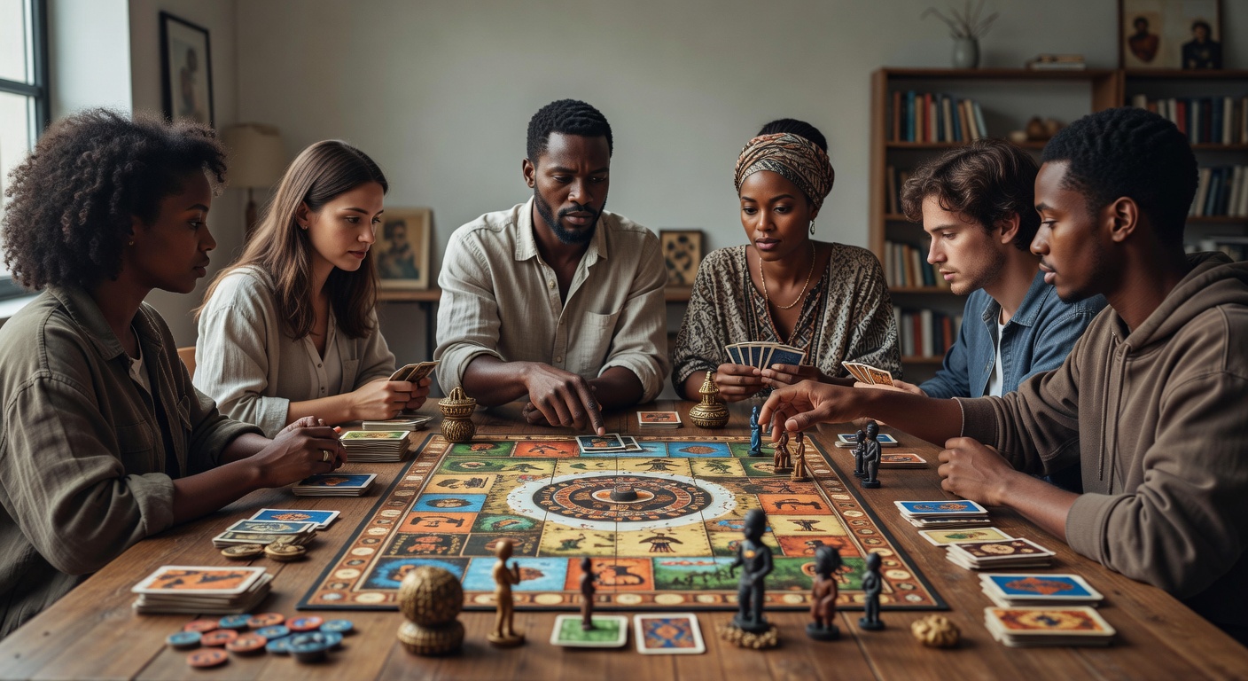 Grupa przyjaciół o różnym pochodzeniu etnicznym grająca w planszówkę przy drewnianym stole w przytulnym pokoju.