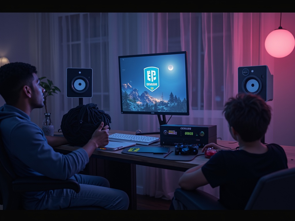 Wielka ucieczka z konsol na PC? Szef Epic Games Store nie ma wątpliwości co do przyszłości rynku 6 Dwóch młodych mężczyzn siedzi przy biurku w ciemnym pokoju, pracując przy komputerach. Na monitorze widnieje logo z górzystym krajobrazem i księżycem. Obok monitora stoją głośniki studyjne, a na biurku znajduje się sprzęt audio i kontrolery.