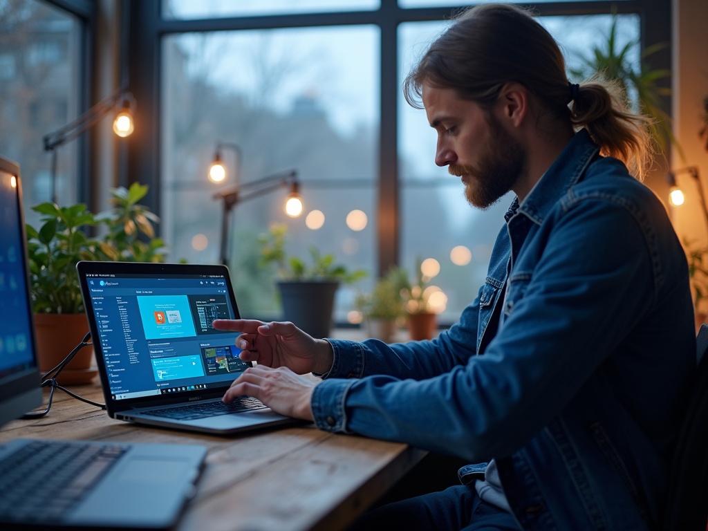 Mężczyzna w dżinsowej kurtce pracuje na laptopie w przytulnym biurze z widokiem na okno.