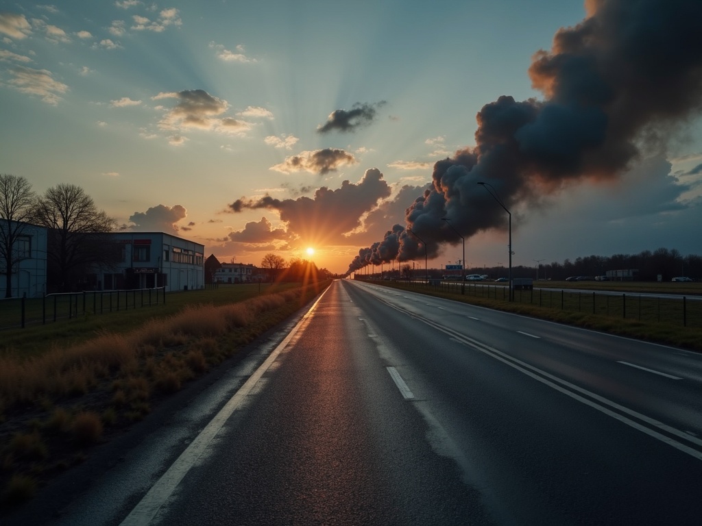 Droga w kierunku zachodzącego słońca, z dymem unoszącym się z kominów przemysłowych po prawej stronie i budynkami po lewej.